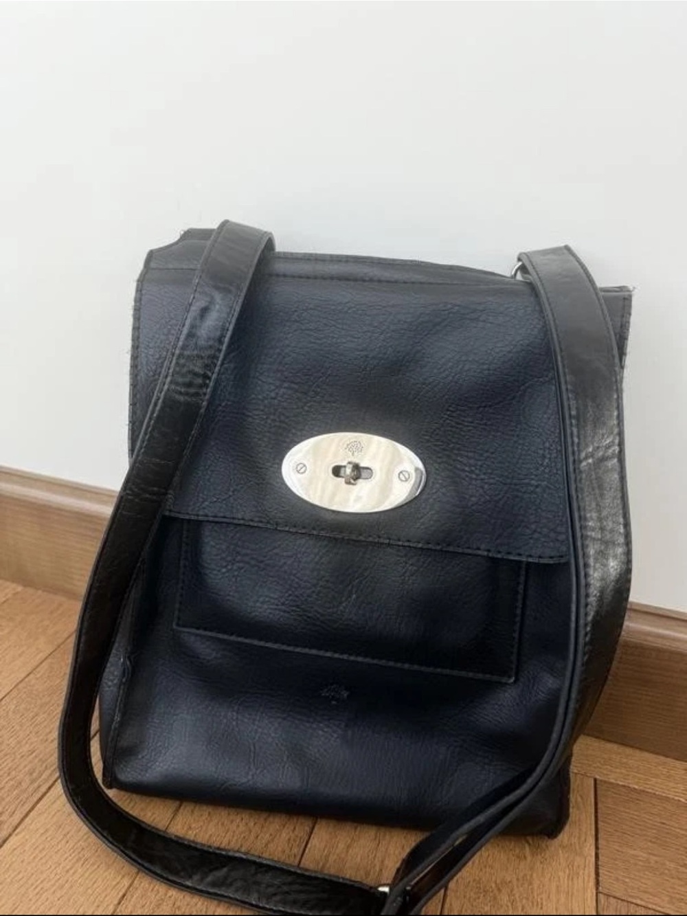 Mulberry Black Leather Messenger Bag with Silver Hardware